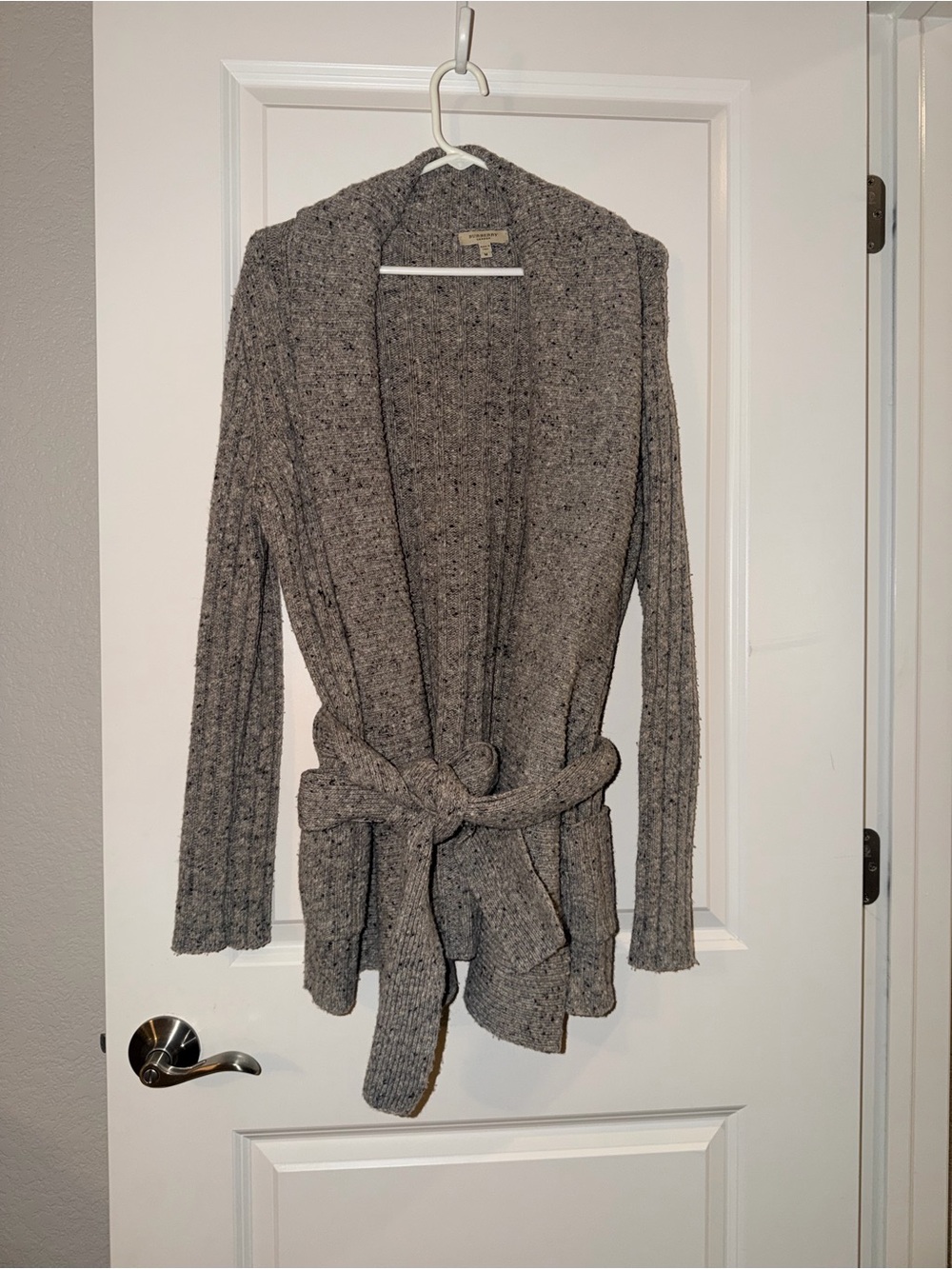 Burberry Heather Gray Ribbed Knit Belted Cardigan